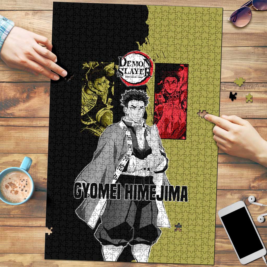 Gyomei Himejima from Demon Slayer Puzzle with Olive and Black Split Background and Prayer Pose Manga Style Design - The Mazicc