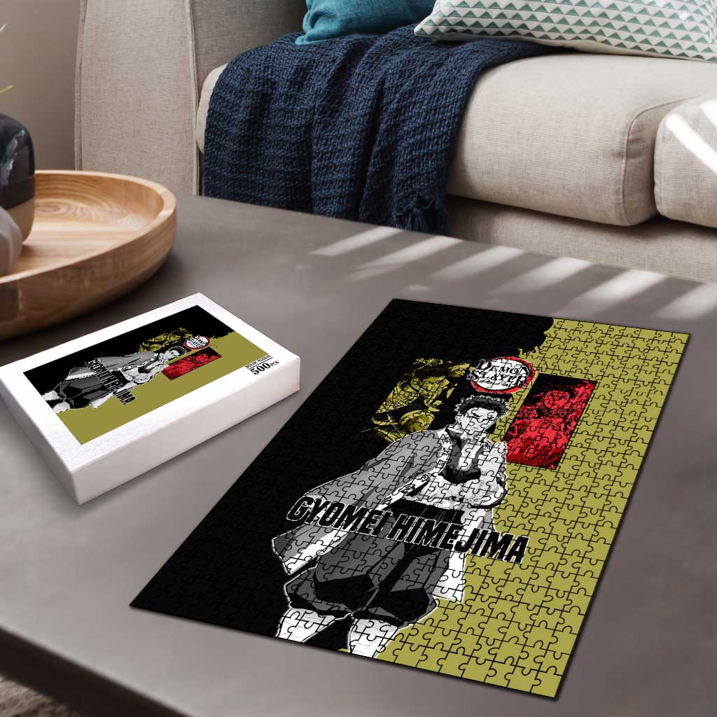 Gyomei Himejima from Demon Slayer Puzzle with Olive and Black Split Background and Prayer Pose Manga Style Design - The Mazicc