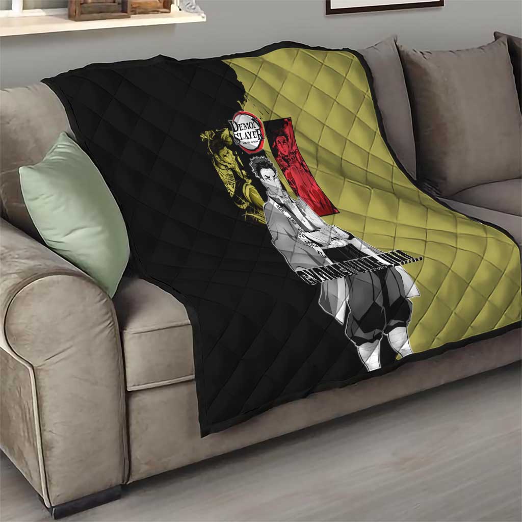 Gyomei Himejima from Demon Slayer Quilt with Olive and Black Split Background and Prayer Pose Manga Style Design - The Mazicc