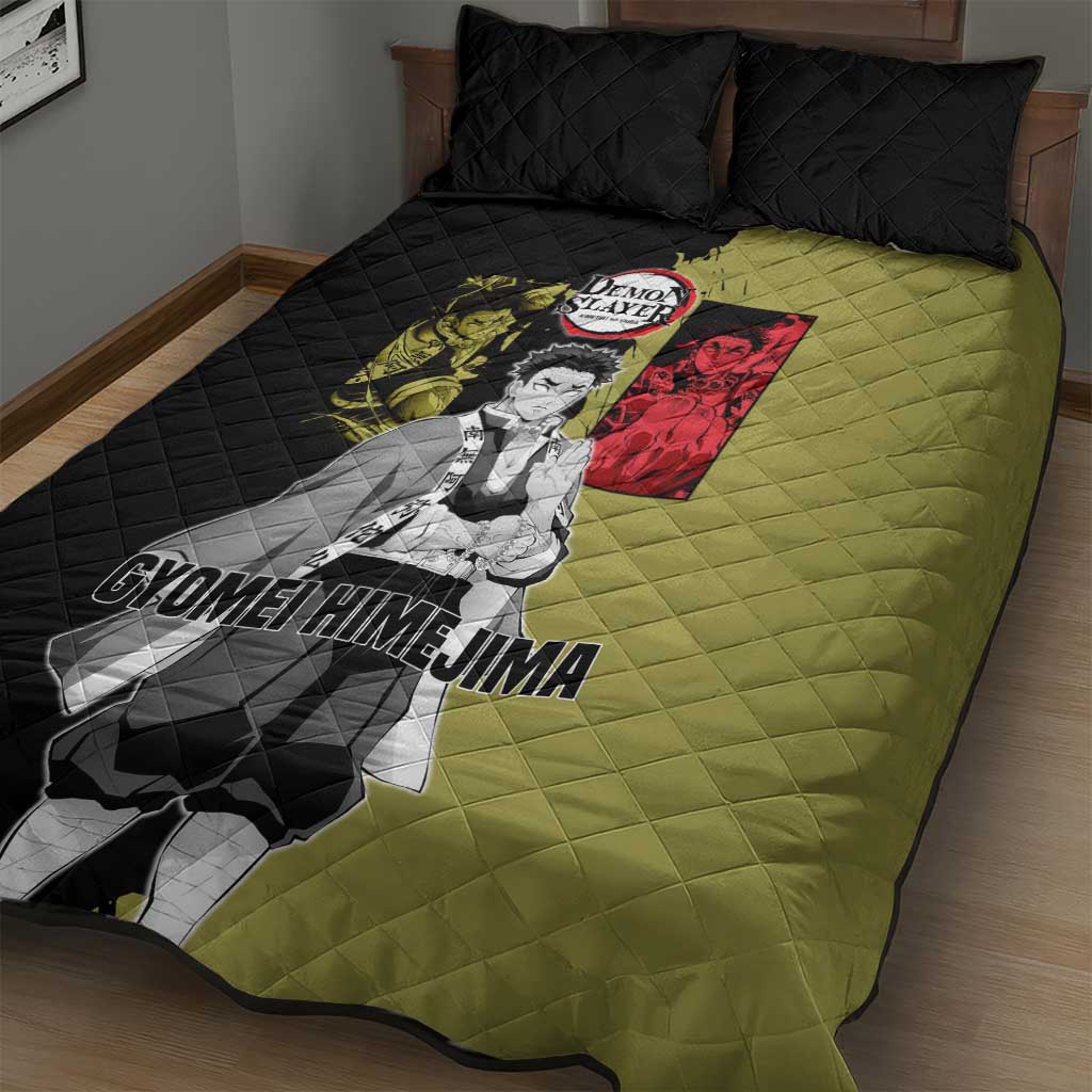 Gyomei Himejima from Demon Slayer Quilt Bed Set with Olive and Black Split Background and Prayer Pose Manga Style Design - The Mazicc