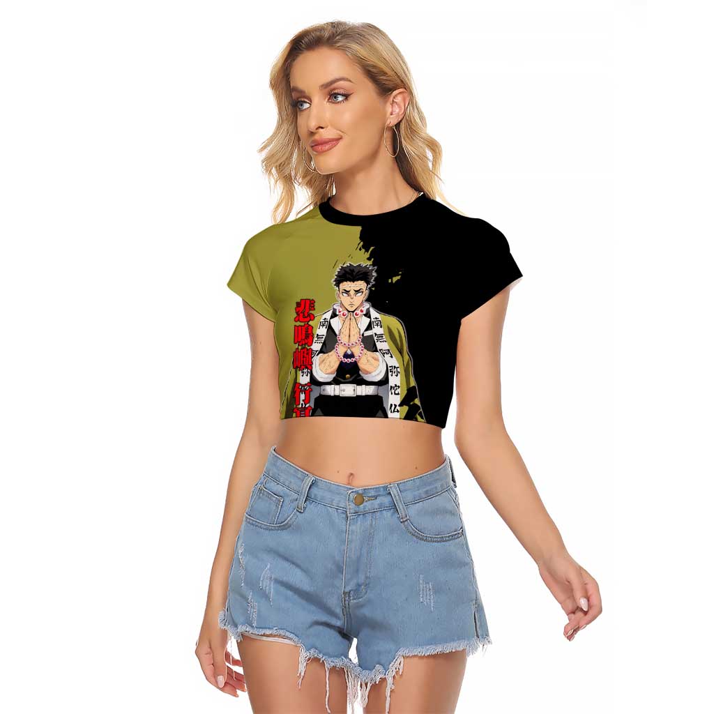 Gyomei Himejima from Demon Slayer Raglan Cropped T Shirt with Olive and Black Split Background and Prayer Pose Manga Style Design - The Mazicc