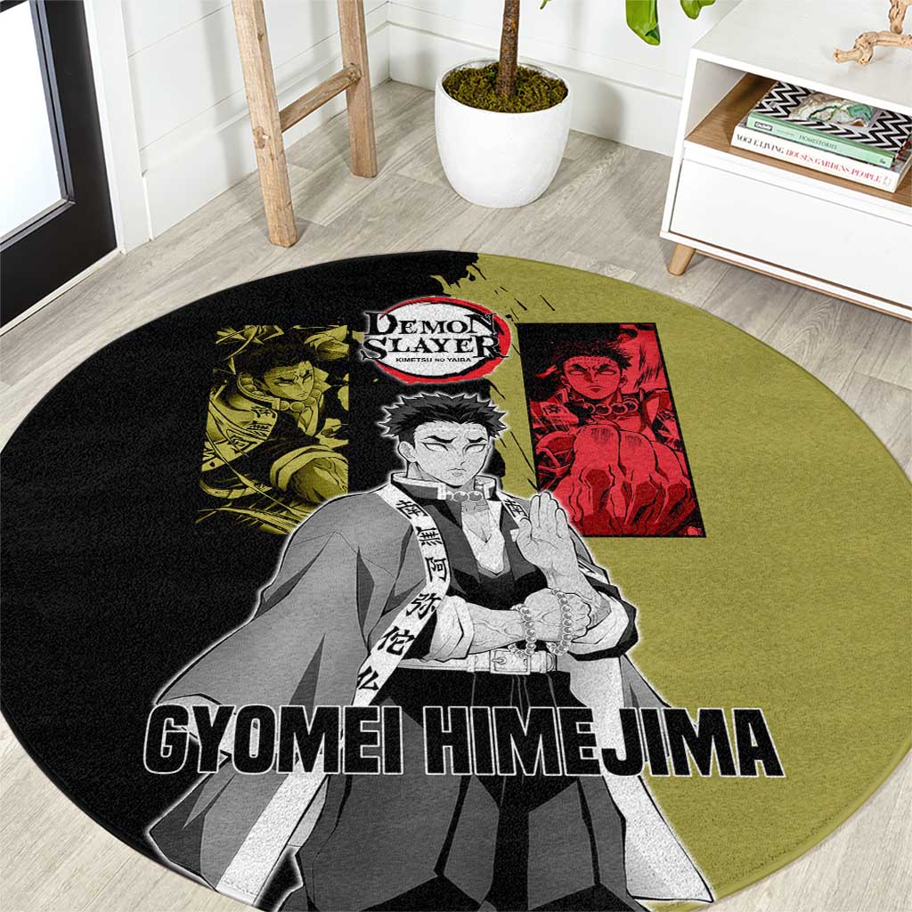 Gyomei Himejima from Demon Slayer Round Carpet with Olive and Black Split Background and Prayer Pose Manga Style Design - The Mazicc