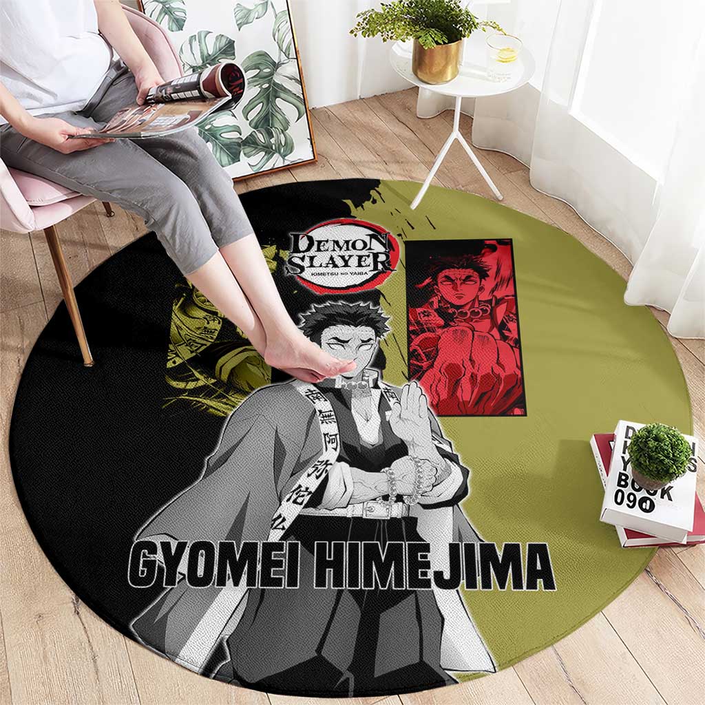 Gyomei Himejima from Demon Slayer Round Carpet with Olive and Black Split Background and Prayer Pose Manga Style Design - The Mazicc