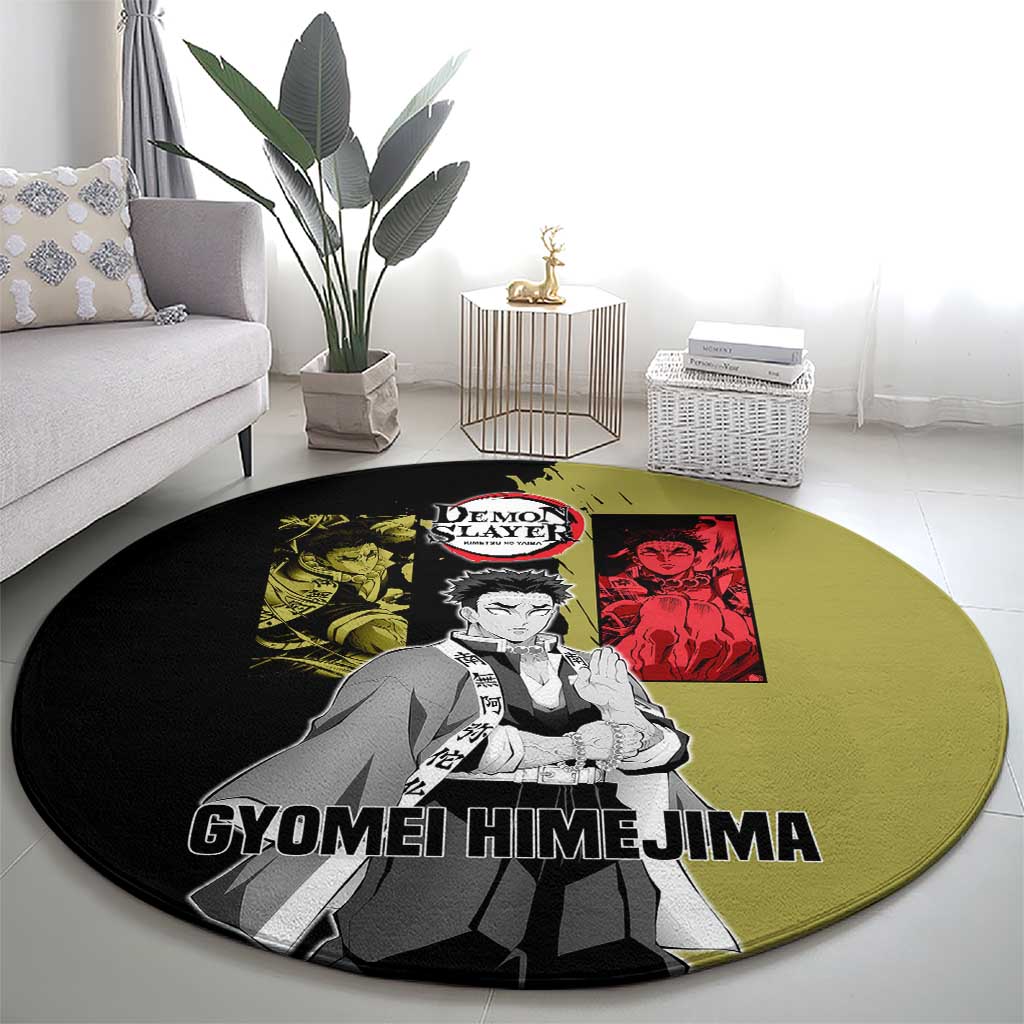 Gyomei Himejima from Demon Slayer Round Carpet with Olive and Black Split Background and Prayer Pose Manga Style Design - The Mazicc