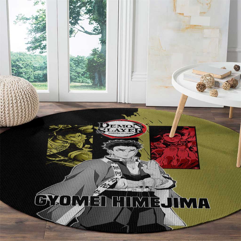 Gyomei Himejima from Demon Slayer Round Carpet with Olive and Black Split Background and Prayer Pose Manga Style Design - The Mazicc