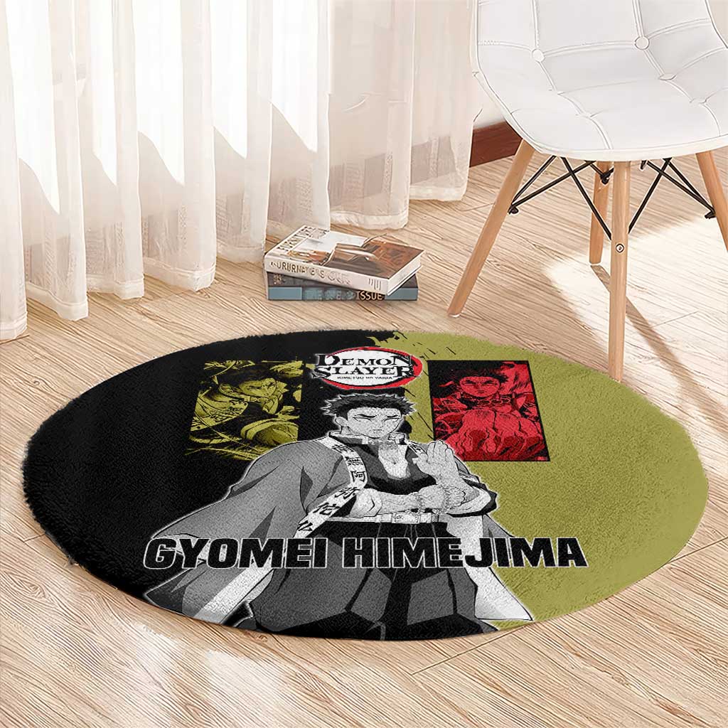 Gyomei Himejima from Demon Slayer Round Carpet with Olive and Black Split Background and Prayer Pose Manga Style Design - The Mazicc