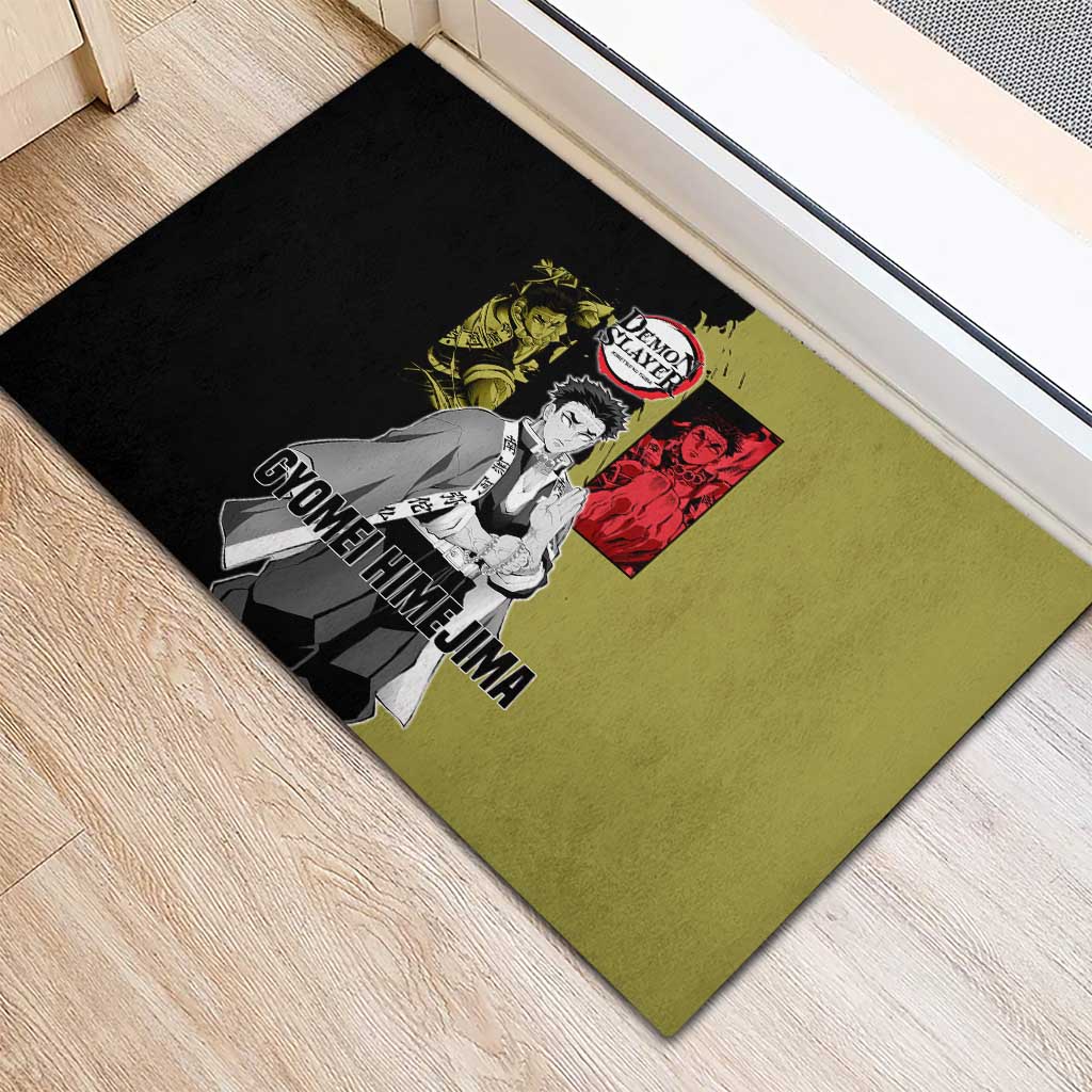 Gyomei Himejima from Demon Slayer Rubber Doormat with Olive and Black Split Background and Prayer Pose Manga Style Design - The Mazicc