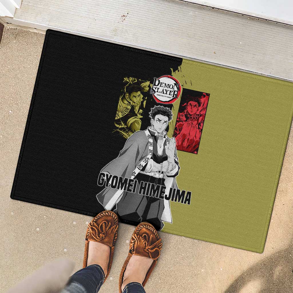 Gyomei Himejima from Demon Slayer Rubber Doormat with Olive and Black Split Background and Prayer Pose Manga Style Design - The Mazicc