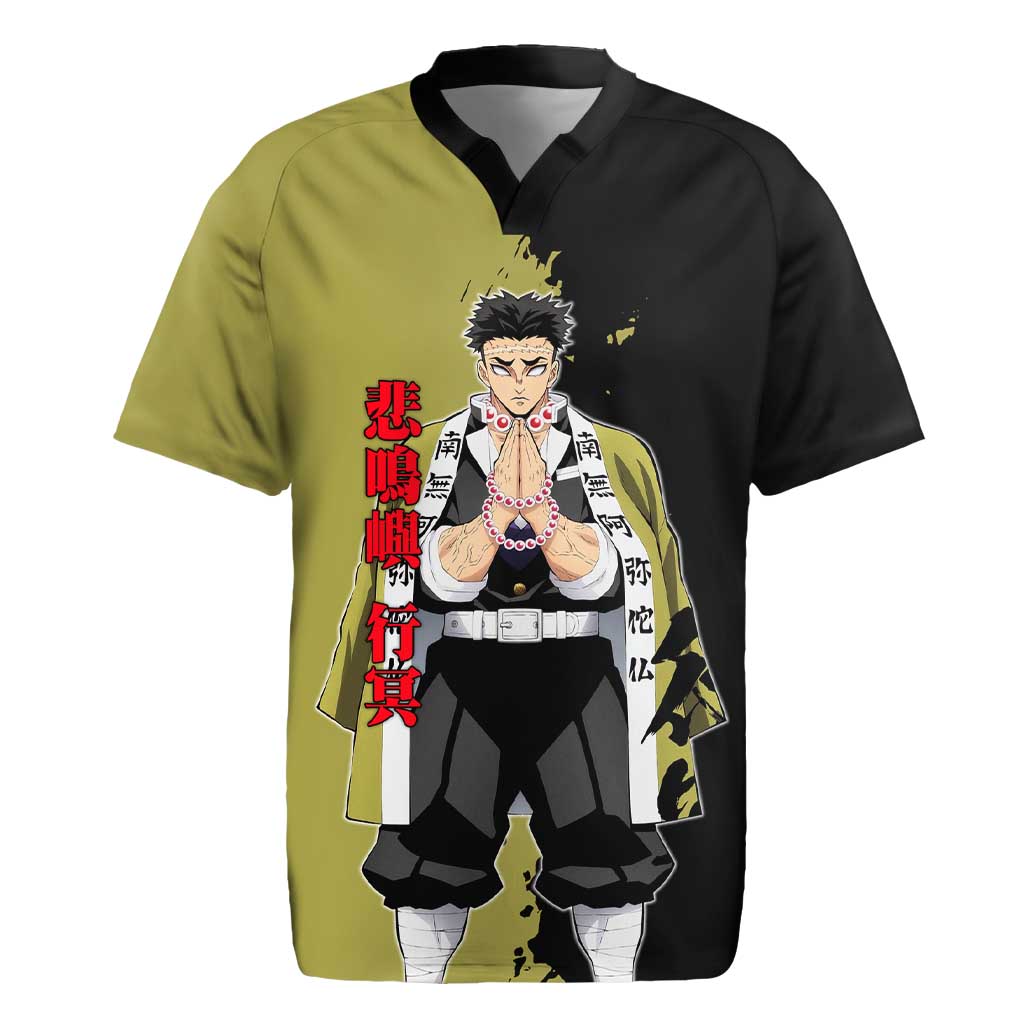 Gyomei Himejima from Demon Slayer Rugby Jersey with Olive and Black Split Background and Prayer Pose Manga Style Design - The Mazicc