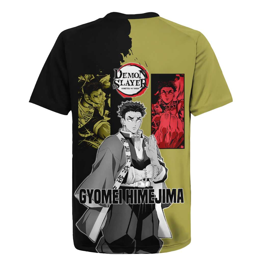 Gyomei Himejima from Demon Slayer Rugby Jersey with Olive and Black Split Background and Prayer Pose Manga Style Design - The Mazicc