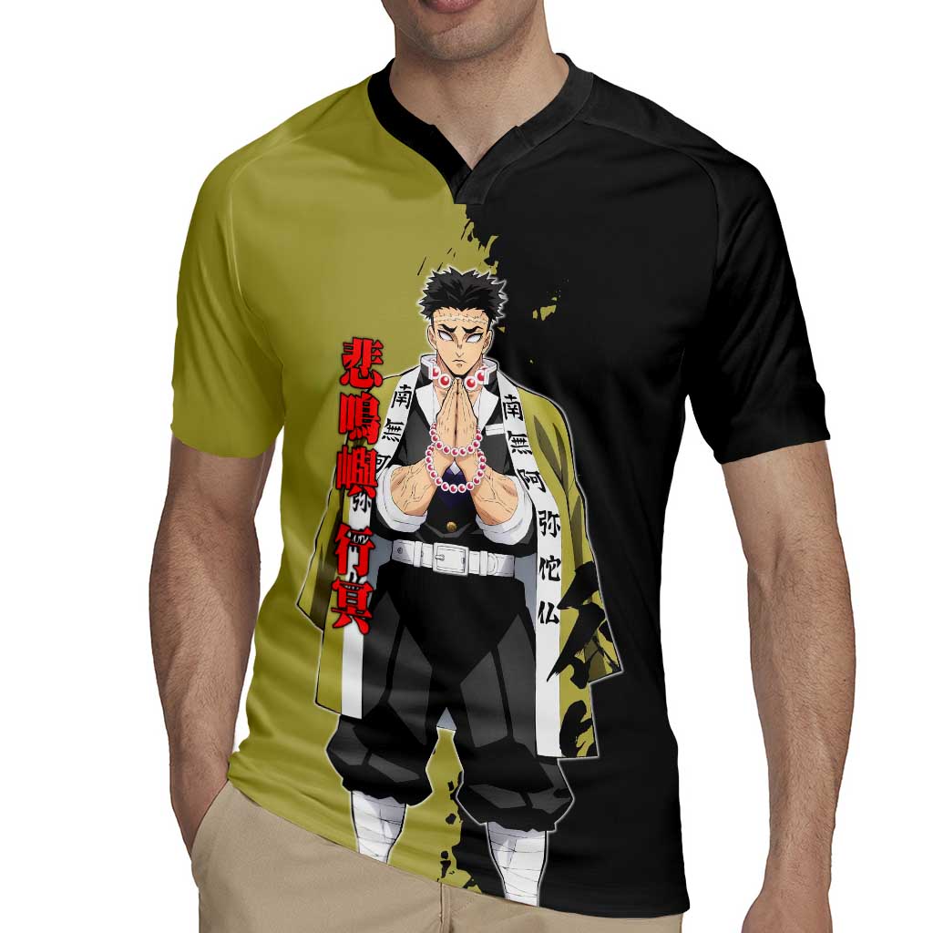 Gyomei Himejima from Demon Slayer Rugby Jersey with Olive and Black Split Background and Prayer Pose Manga Style Design - The Mazicc