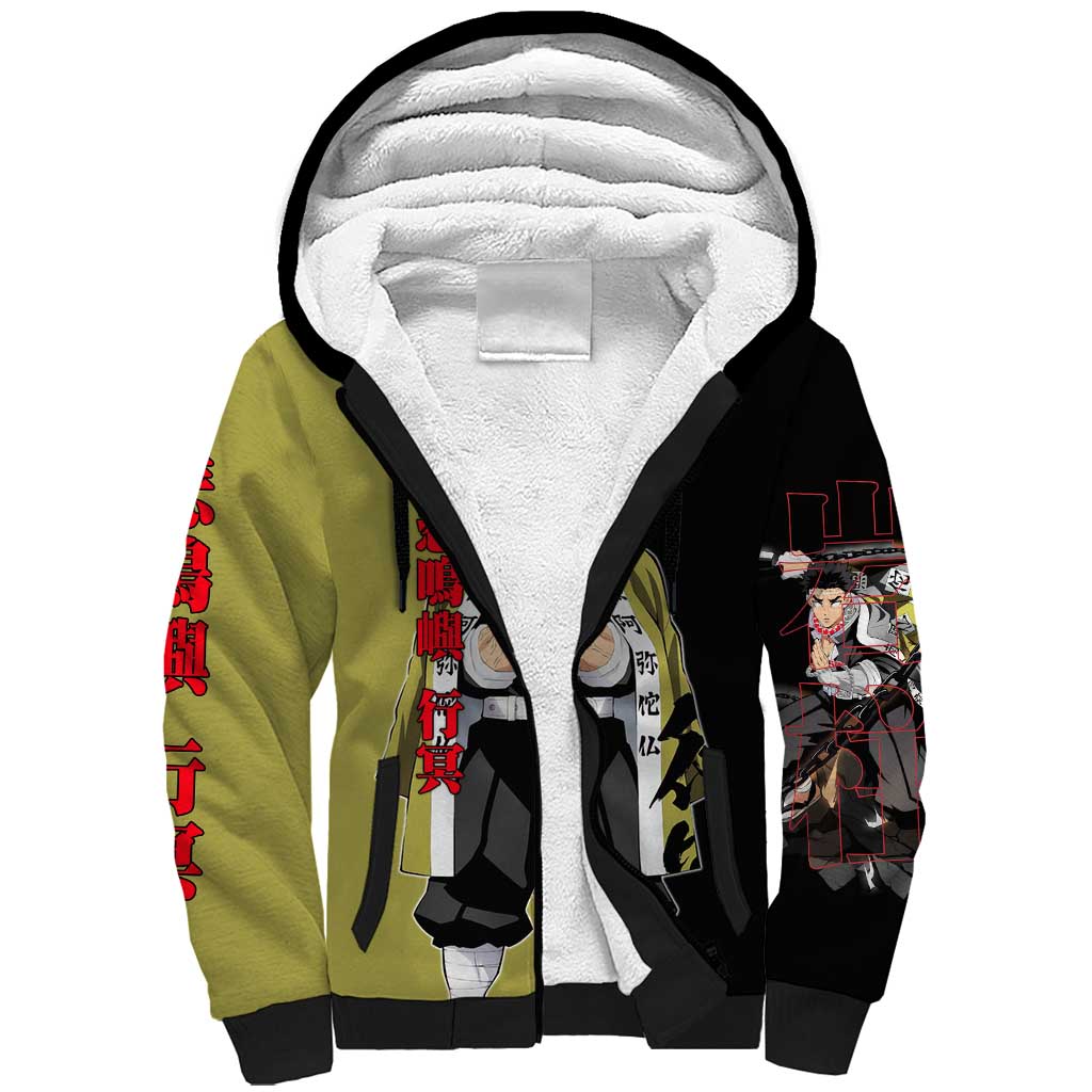 Gyomei Himejima from Demon Slayer Sherpa Hoodie with Olive and Black Split Background and Prayer Pose Manga Style Design - The Mazicc