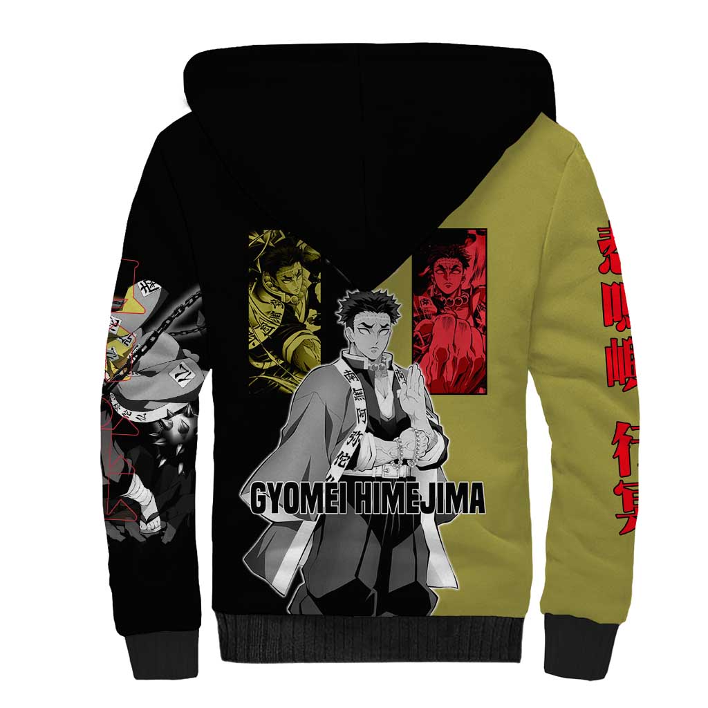 Gyomei Himejima from Demon Slayer Sherpa Hoodie with Olive and Black Split Background and Prayer Pose Manga Style Design - The Mazicc