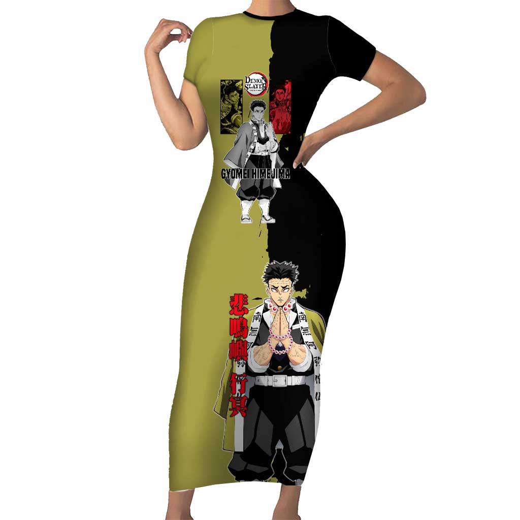 Gyomei Himejima from Demon Slayer Short Sleeve Bodycon Dress with Olive and Black Split Background and Prayer Pose Manga Style Design - The Mazicc