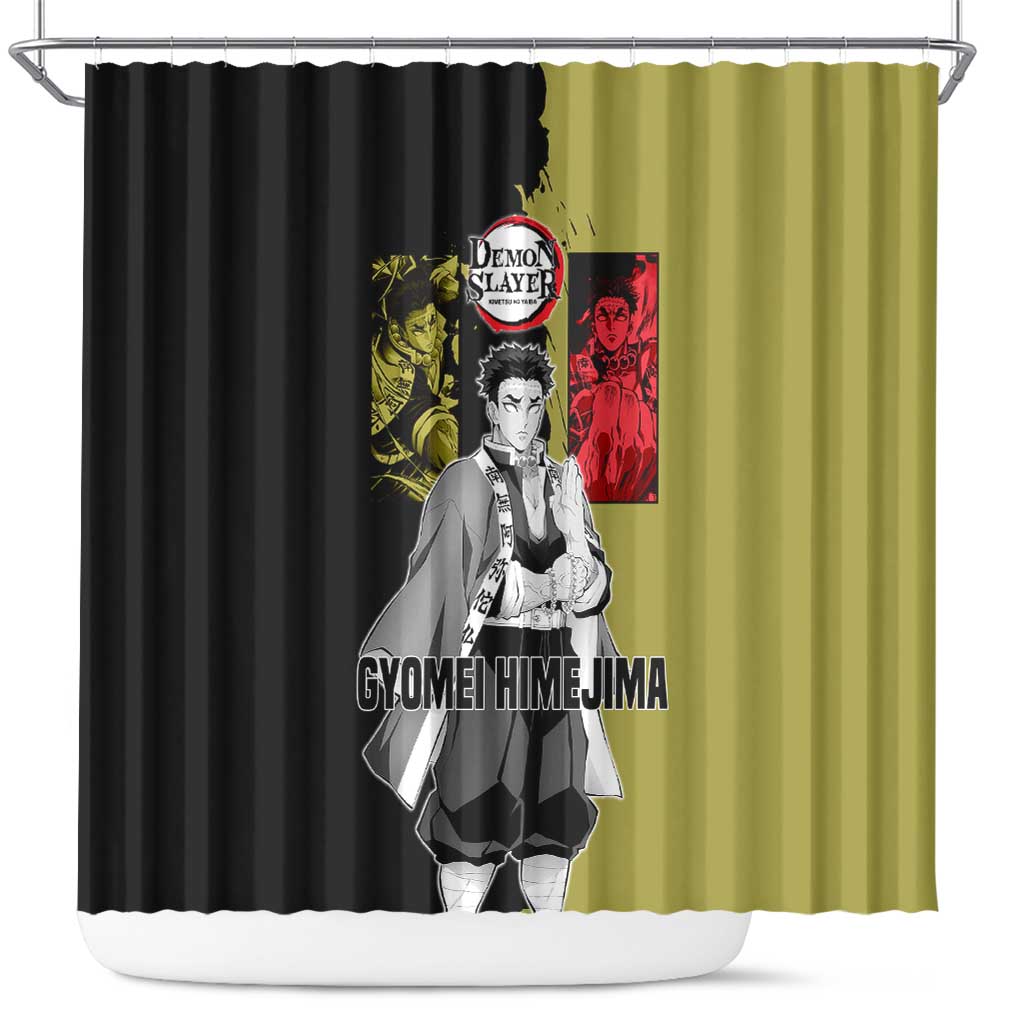 Gyomei Himejima from Demon Slayer Shower Curtain with Olive and Black Split Background and Prayer Pose Manga Style Design - The Mazicc
