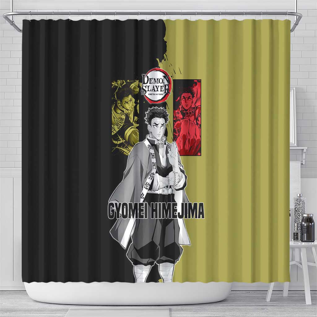 Gyomei Himejima from Demon Slayer Shower Curtain with Olive and Black Split Background and Prayer Pose Manga Style Design - The Mazicc
