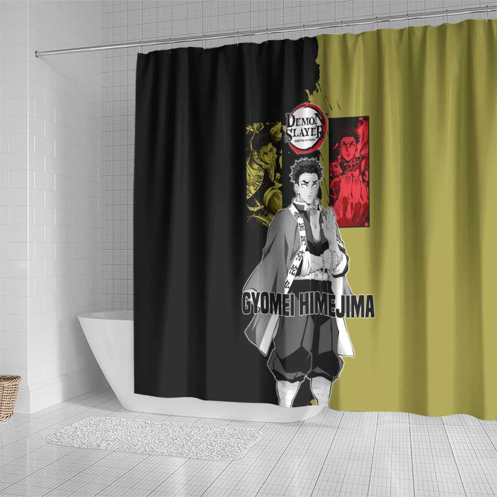 Gyomei Himejima from Demon Slayer Shower Curtain with Olive and Black Split Background and Prayer Pose Manga Style Design - The Mazicc
