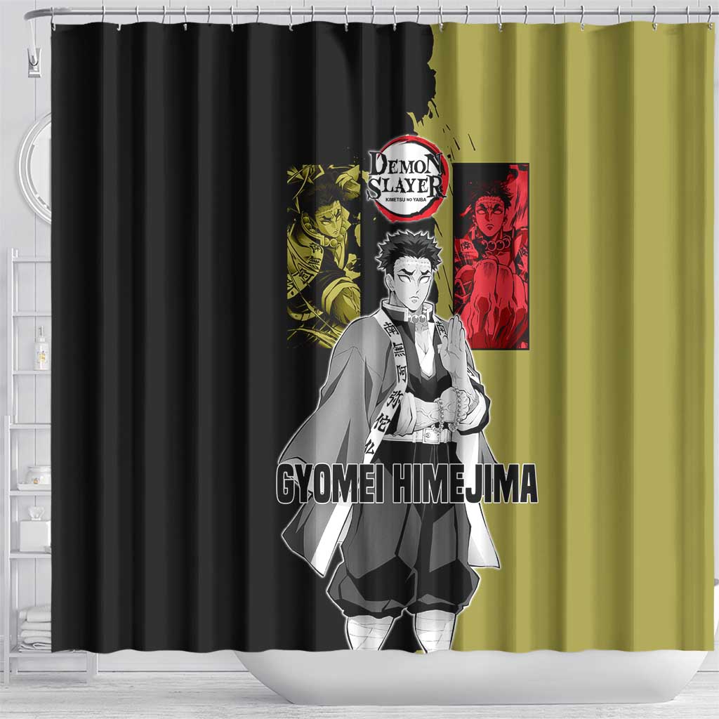 Gyomei Himejima from Demon Slayer Shower Curtain with Olive and Black Split Background and Prayer Pose Manga Style Design - The Mazicc