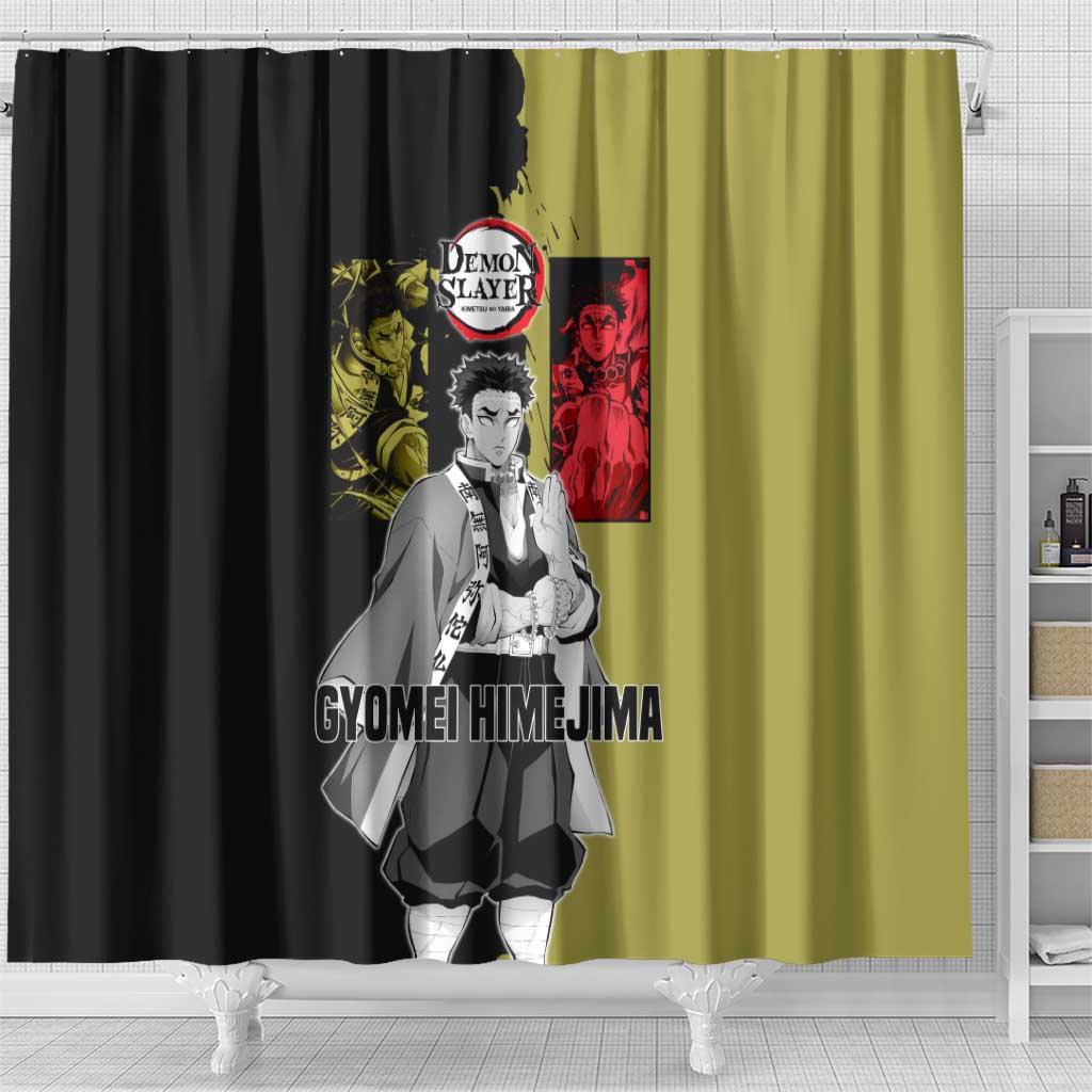 Gyomei Himejima from Demon Slayer Shower Curtain with Olive and Black Split Background and Prayer Pose Manga Style Design - The Mazicc