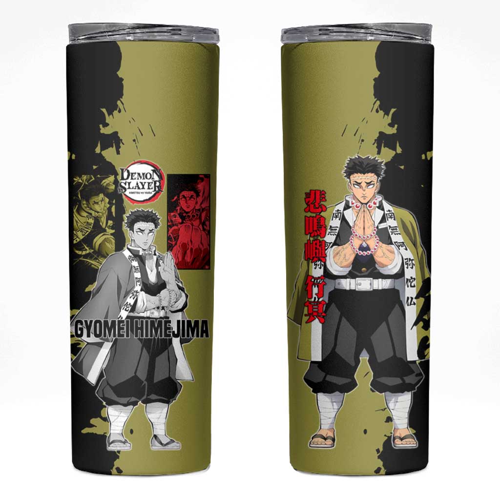Gyomei Himejima from Demon Slayer Skinny Tumbler with Olive and Black Split Background and Prayer Pose Manga Style Design - The Mazicc