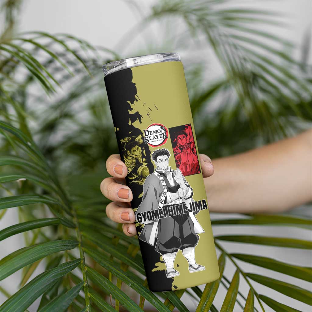 Gyomei Himejima from Demon Slayer Skinny Tumbler with Olive and Black Split Background and Prayer Pose Manga Style Design - The Mazicc