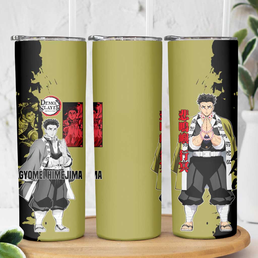 Gyomei Himejima from Demon Slayer Skinny Tumbler with Olive and Black Split Background and Prayer Pose Manga Style Design - The Mazicc