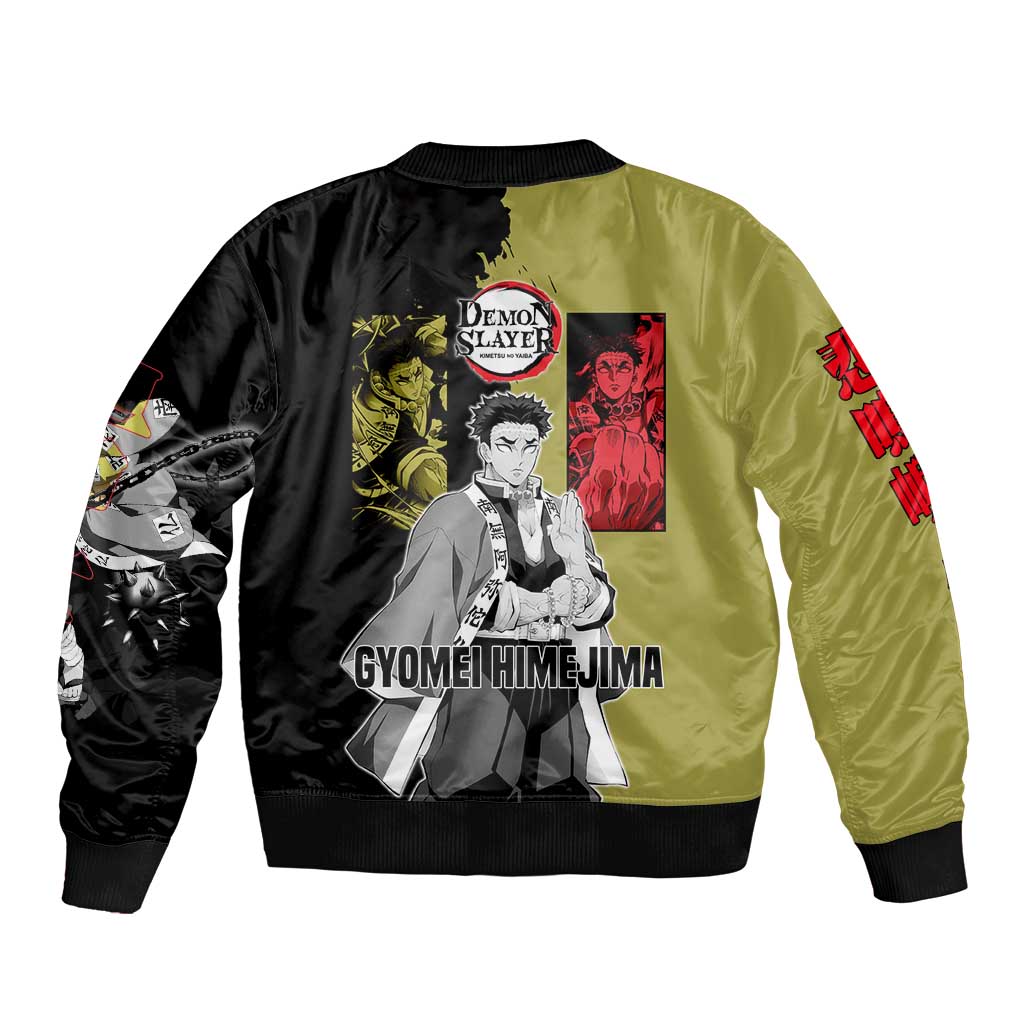 Gyomei Himejima from Demon Slayer Sleeve Zip Bomber Jacket with Olive and Black Split Background and Prayer Pose Manga Style Design - The Mazicc