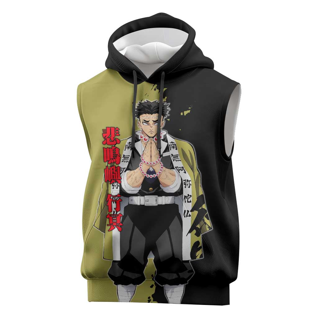 Gyomei Himejima from Demon Slayer Sleeveless Hoodie with Olive and Black Split Background and Prayer Pose Manga Style Design - The Mazicc