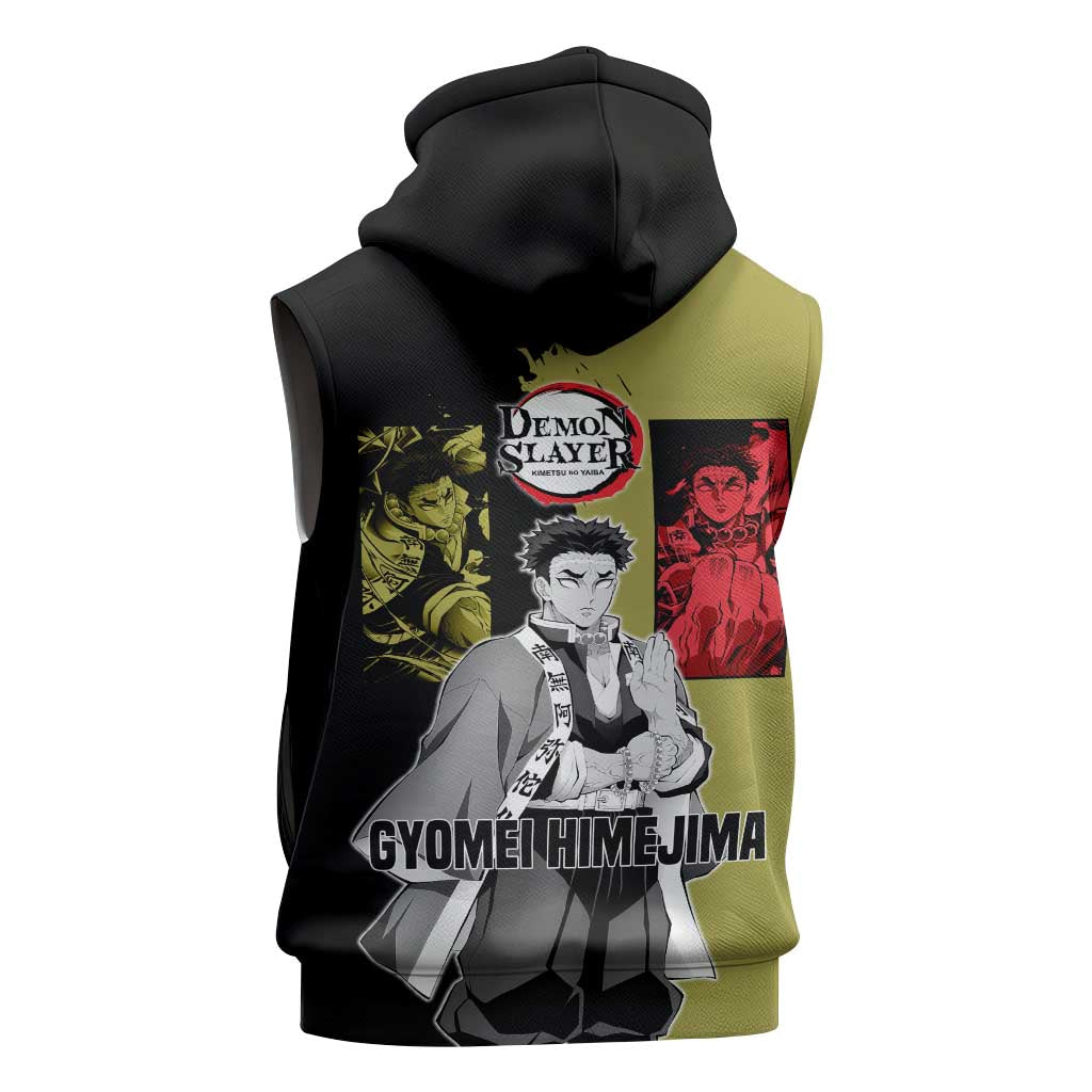 Gyomei Himejima from Demon Slayer Sleeveless Hoodie with Olive and Black Split Background and Prayer Pose Manga Style Design - The Mazicc