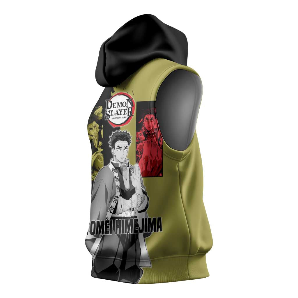 Gyomei Himejima from Demon Slayer Sleeveless Hoodie with Olive and Black Split Background and Prayer Pose Manga Style Design - The Mazicc