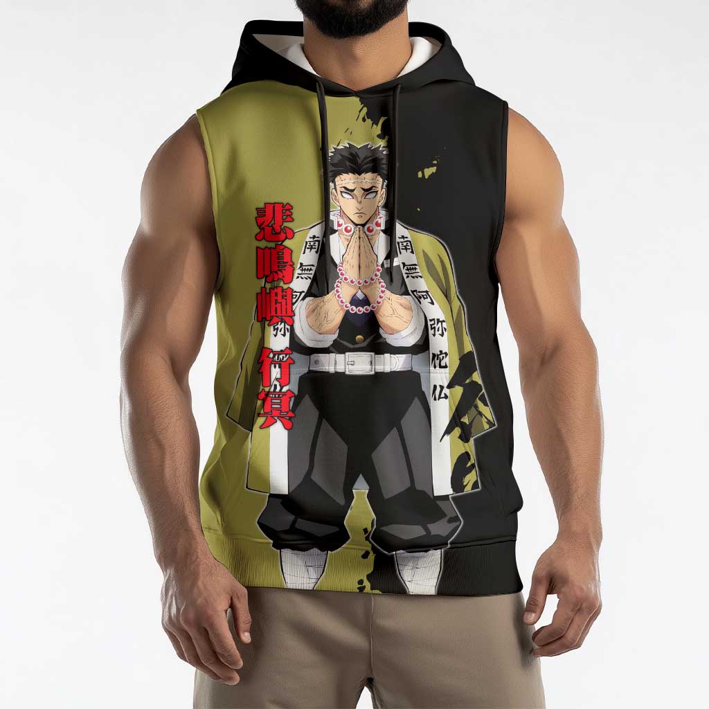 Gyomei Himejima from Demon Slayer Sleeveless Hoodie with Olive and Black Split Background and Prayer Pose Manga Style Design - The Mazicc