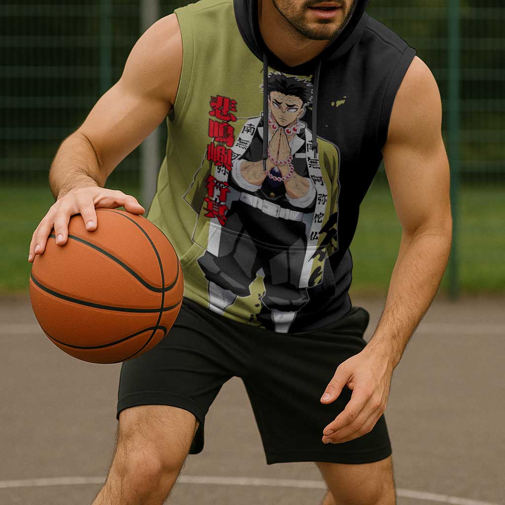 Gyomei Himejima from Demon Slayer Sleeveless Hoodie with Olive and Black Split Background and Prayer Pose Manga Style Design - The Mazicc