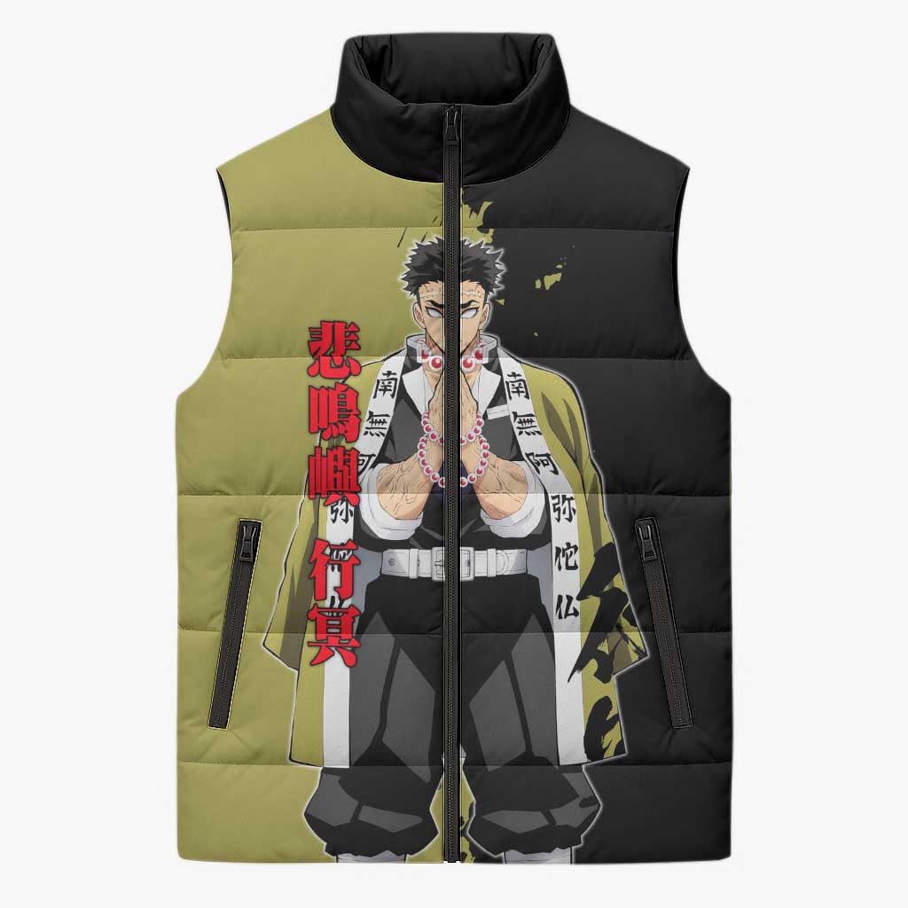 Gyomei Himejima from Demon Slayer Sleeveless Puffer Jacket with Olive and Black Split Background and Prayer Pose Manga Style Design - The Mazicc