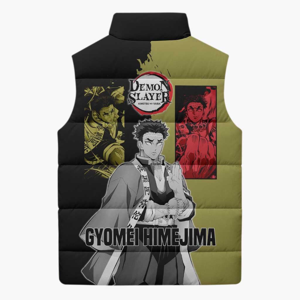 Gyomei Himejima from Demon Slayer Sleeveless Puffer Jacket with Olive and Black Split Background and Prayer Pose Manga Style Design - The Mazicc