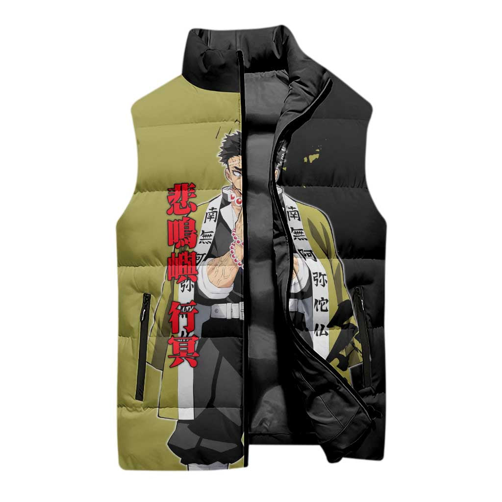 Gyomei Himejima from Demon Slayer Sleeveless Puffer Jacket with Olive and Black Split Background and Prayer Pose Manga Style Design - The Mazicc