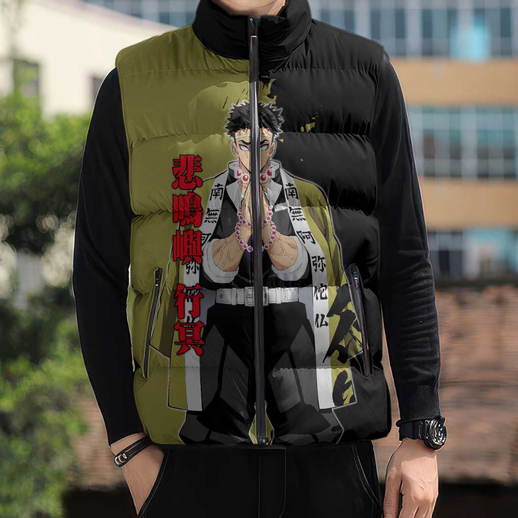 Gyomei Himejima from Demon Slayer Sleeveless Puffer Jacket with Olive and Black Split Background and Prayer Pose Manga Style Design - The Mazicc