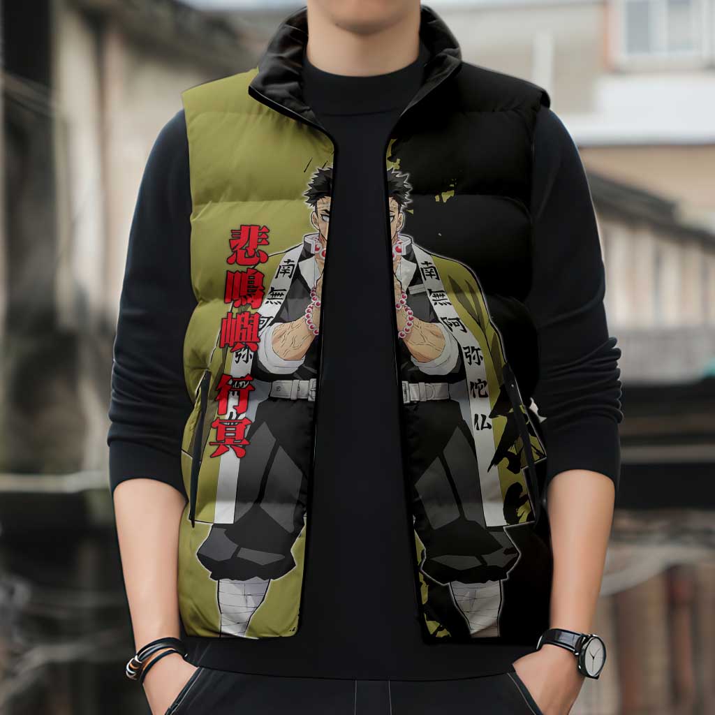 Gyomei Himejima from Demon Slayer Sleeveless Puffer Jacket with Olive and Black Split Background and Prayer Pose Manga Style Design - The Mazicc