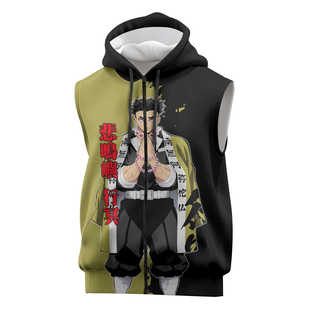 Gyomei Himejima from Demon Slayer Sleeveless Zip Hoodie with Olive and Black Split Background and Prayer Pose Manga Style Design - The Mazicc