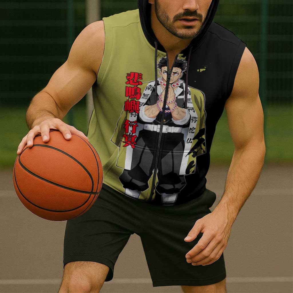 Gyomei Himejima from Demon Slayer Sleeveless Zip Hoodie with Olive and Black Split Background and Prayer Pose Manga Style Design - The Mazicc
