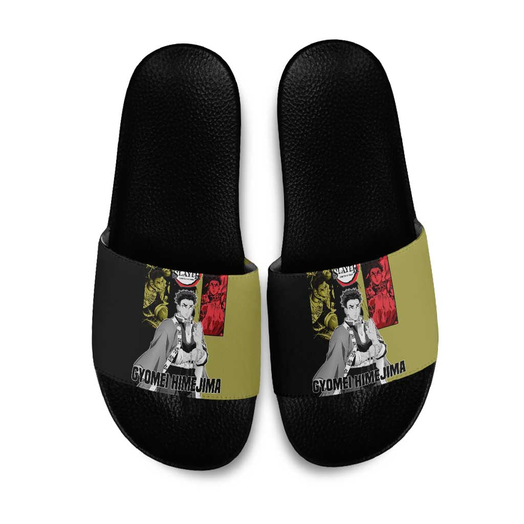 Gyomei Himejima from Demon Slayer Slide Sandals with Olive and Black Split Background and Prayer Pose Manga Style Design - The Mazicc