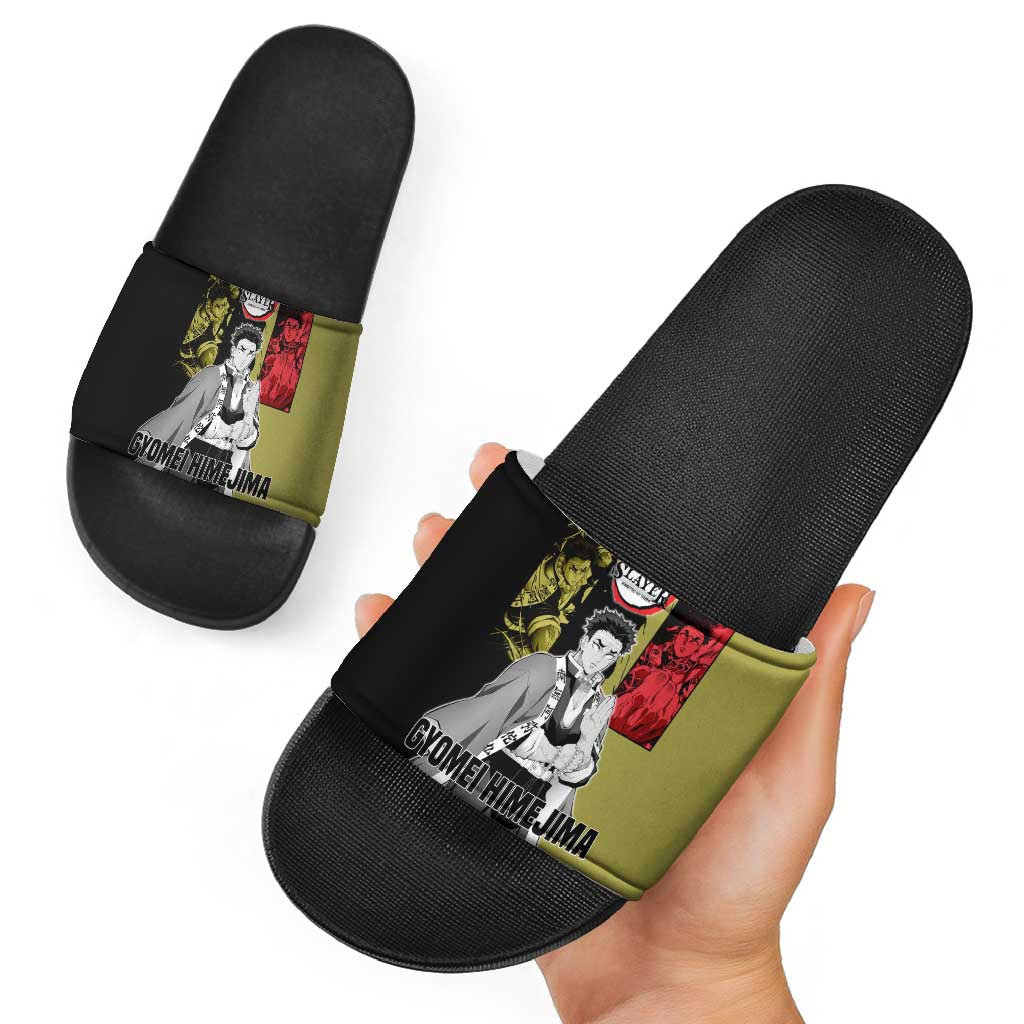 Gyomei Himejima from Demon Slayer Slide Sandals with Olive and Black Split Background and Prayer Pose Manga Style Design - The Mazicc