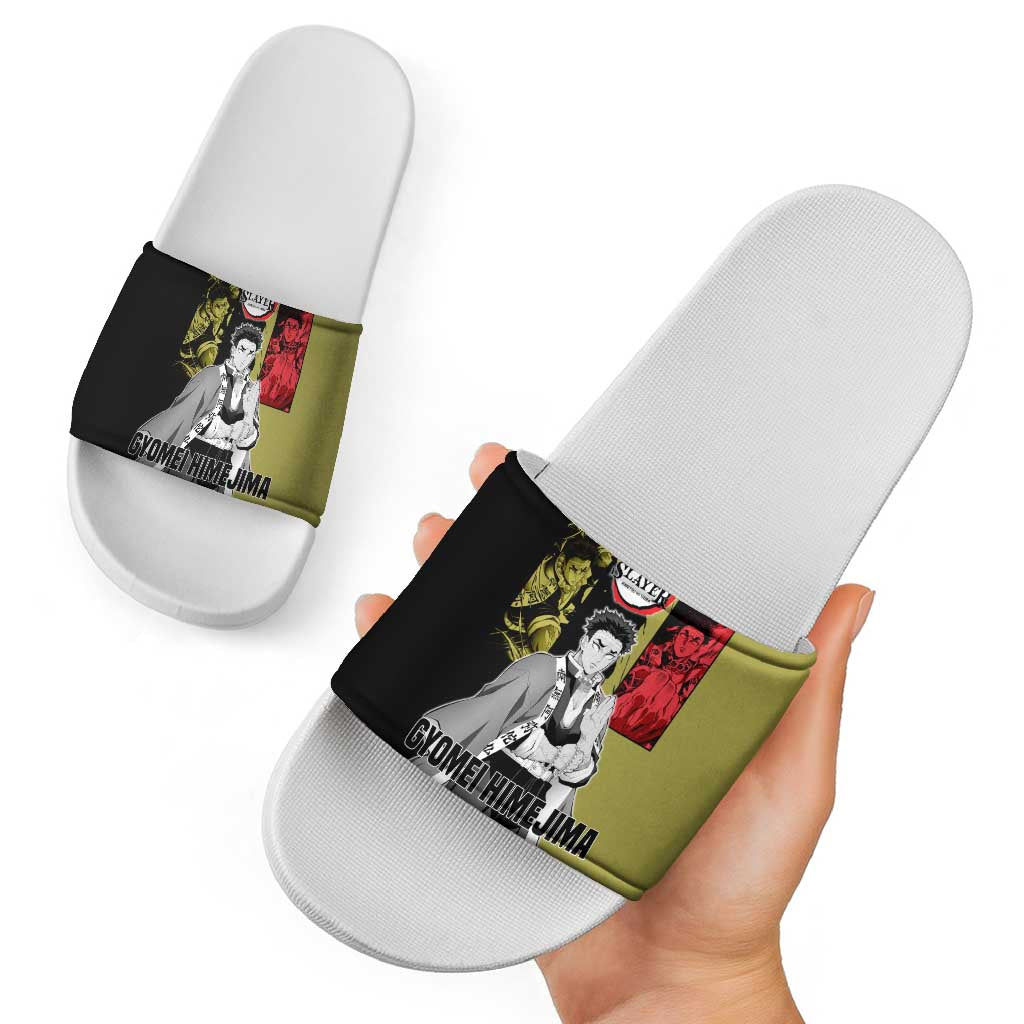 Gyomei Himejima from Demon Slayer Slide Sandals with Olive and Black Split Background and Prayer Pose Manga Style Design - The Mazicc