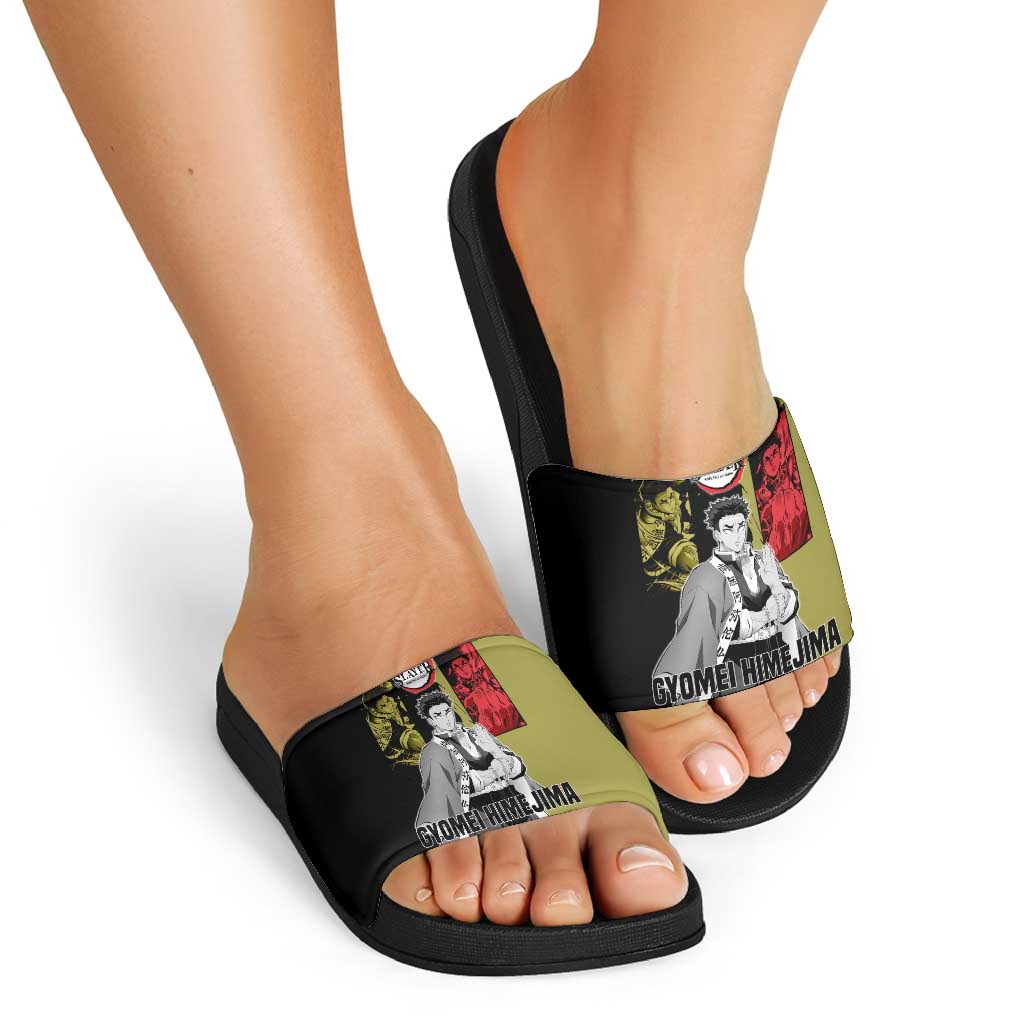 Gyomei Himejima from Demon Slayer Slide Sandals with Olive and Black Split Background and Prayer Pose Manga Style Design - The Mazicc
