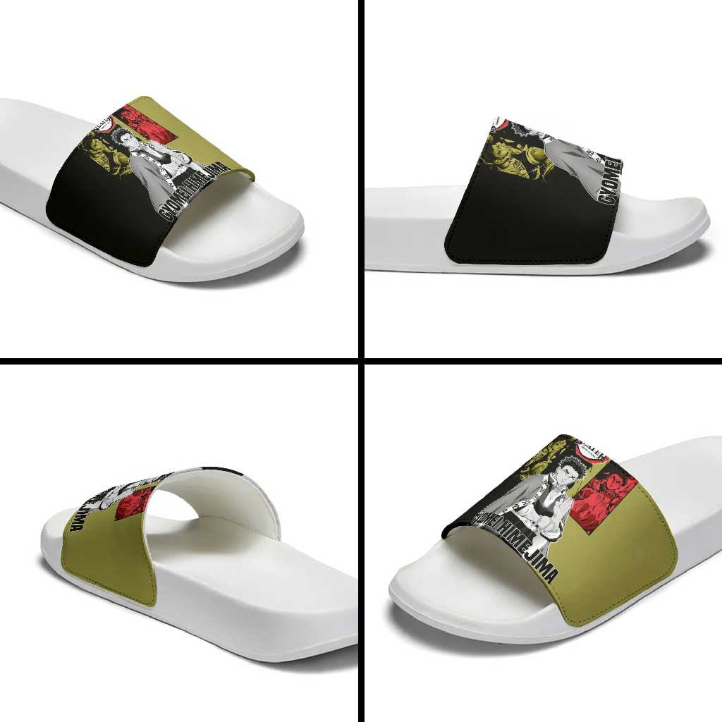 Gyomei Himejima from Demon Slayer Slide Sandals with Olive and Black Split Background and Prayer Pose Manga Style Design - The Mazicc