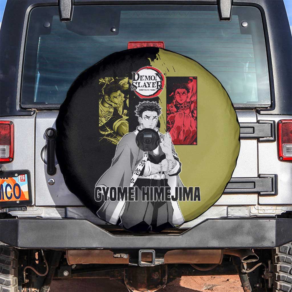 Gyomei Himejima from Demon Slayer Spare Tire Cover with Olive and Black Split Background and Prayer Pose Manga Style Design - The Mazicc
