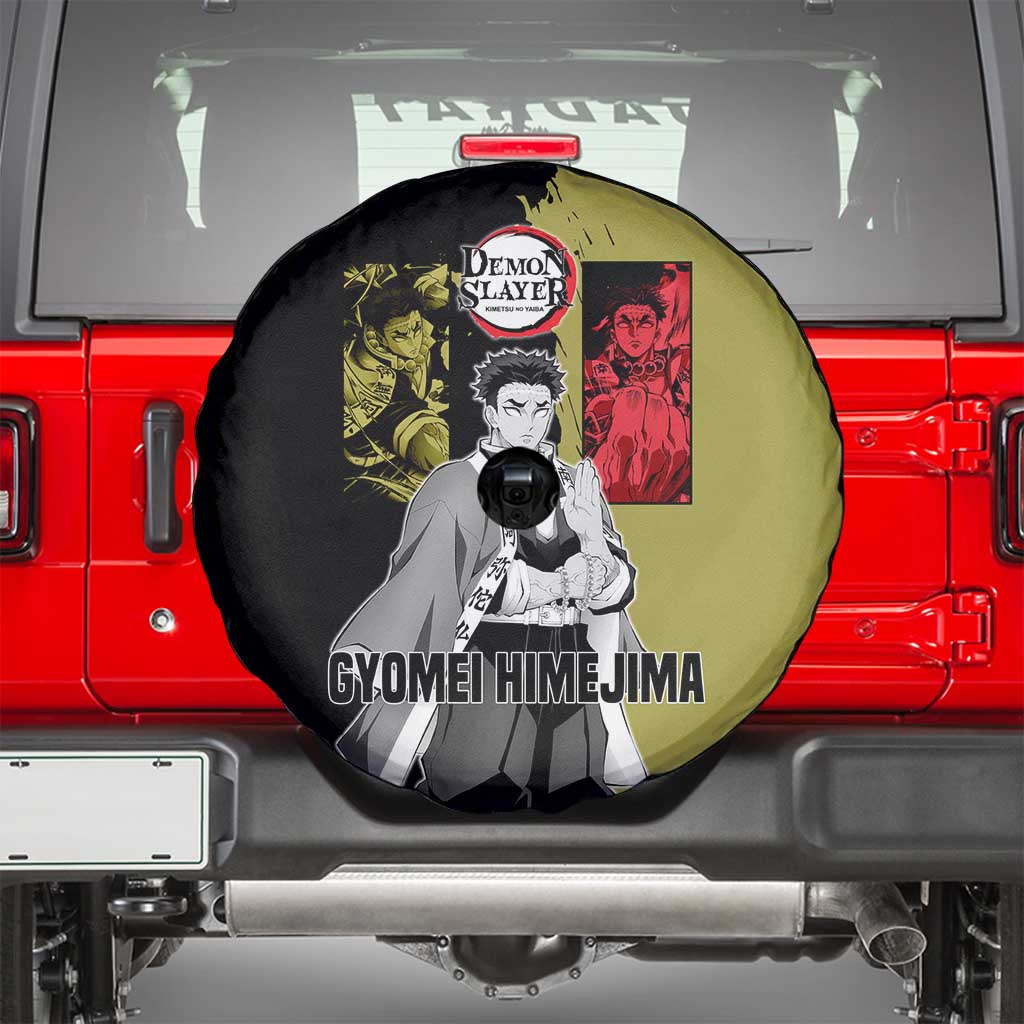 Gyomei Himejima from Demon Slayer Spare Tire Cover with Olive and Black Split Background and Prayer Pose Manga Style Design - The Mazicc