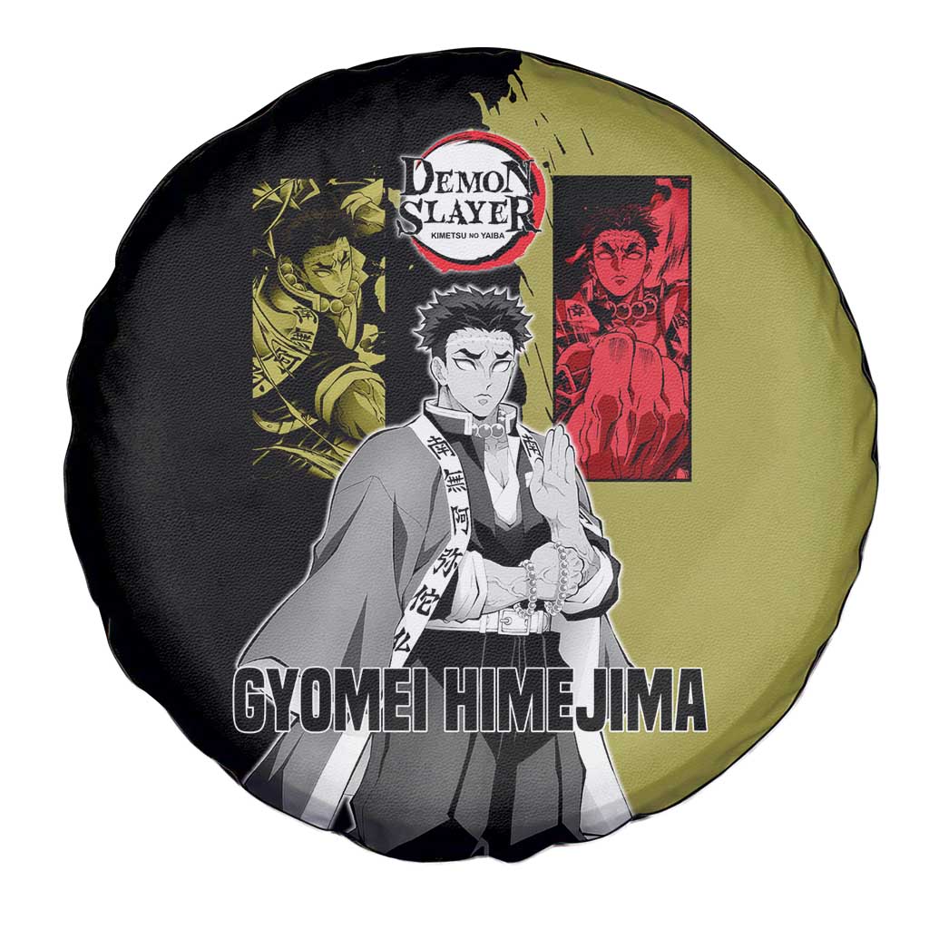 Gyomei Himejima from Demon Slayer Spare Tire Cover with Olive and Black Split Background and Prayer Pose Manga Style Design - The Mazicc