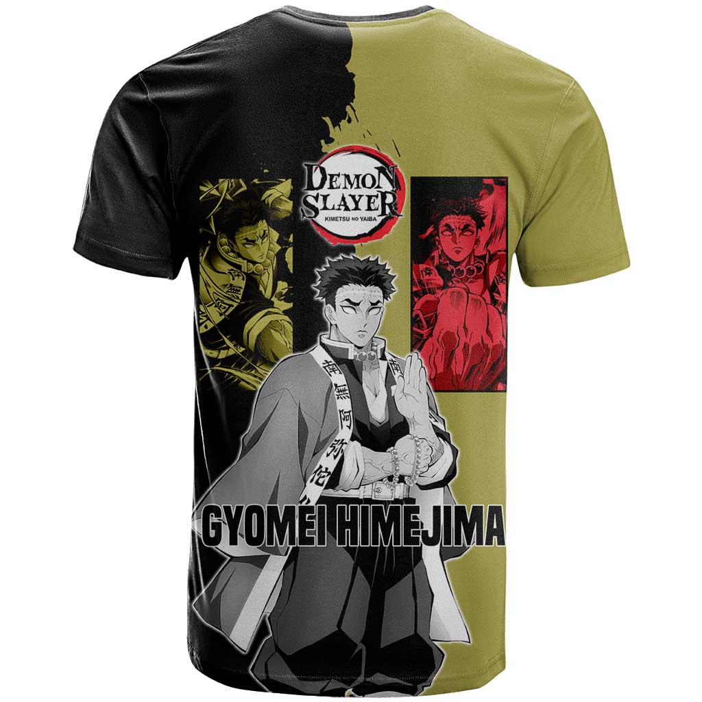 Gyomei Himejima from Demon Slayer T Shirt with Olive and Black Split Background and Prayer Pose Manga Style Design - The Mazicc