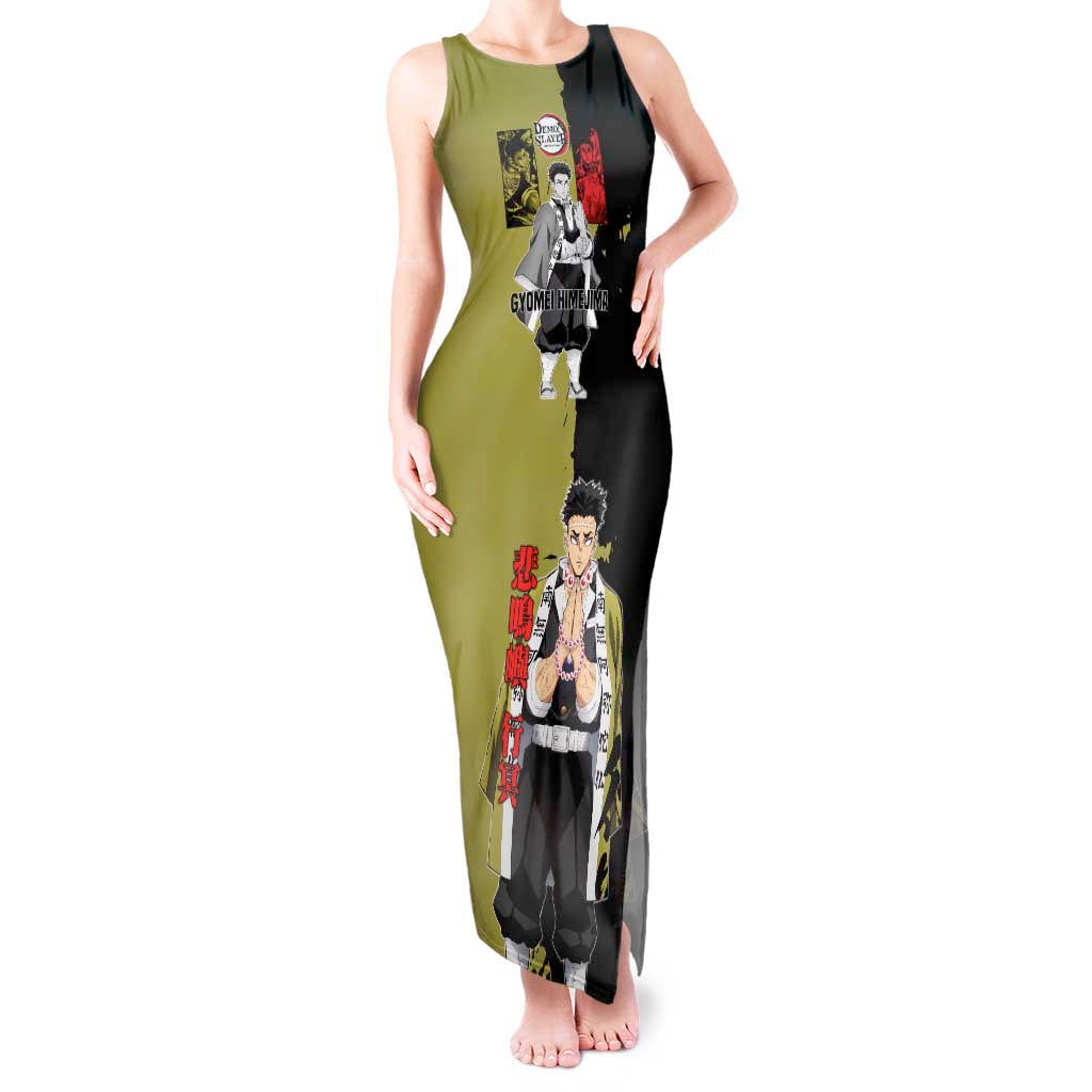 Gyomei Himejima from Demon Slayer Tank Maxi Dress with Olive and Black Split Background and Prayer Pose Manga Style Design - The Mazicc