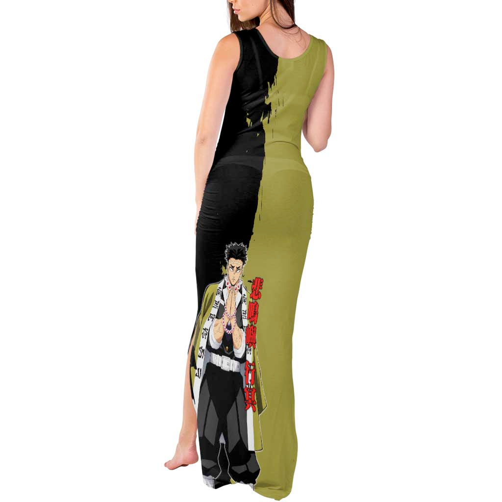 Gyomei Himejima from Demon Slayer Tank Maxi Dress with Olive and Black Split Background and Prayer Pose Manga Style Design - The Mazicc